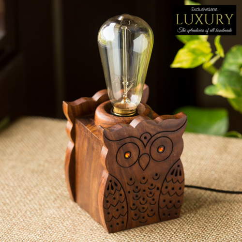 'Bright Night Owl' Table Lamp With Hand Carved Owl Motif In Sheesham Wood 'Bright Night Owl' Table Lamp With Hand Carved Owl Motif In Sheesham Wood