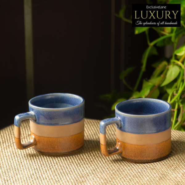 'Caramel Blues' Hand Glazed Studio Pottery Tea & Coffee Mugs In Ceramic (Set of 2, 360 ML, Microwave Safe) 'Caramel Blues' Hand Glazed Studio Pottery Tea & Coffee Mugs In Ceramic (Set of 2, 360 ML, Microwave Safe)