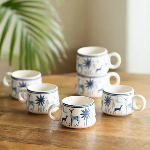 'Deer & Floral' Decals Coffee & Tea Cups In Ceramic (Set Of 6, 150 ML, Microwave Safe) 'Deer & Floral' Decals Coffee & Tea Cups In Ceramic (Set Of 6, 150 ML, Microwave Safe)