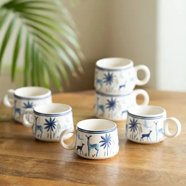 'Deer & Floral' Decals Coffee & Tea Cups In Ceramic (Set Of 6, 150 ML, Microwave Safe) 'Deer & Floral' Decals Coffee & Tea Cups In Ceramic (Set Of 6, 150 ML, Microwave Safe)