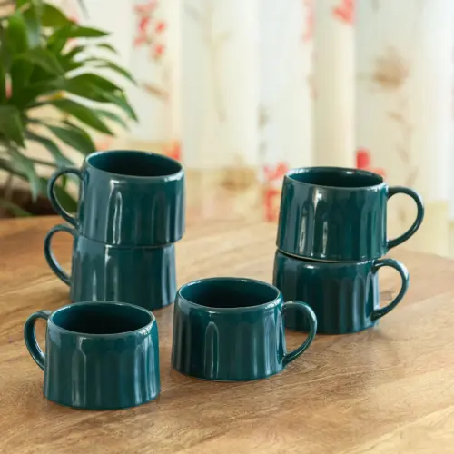 ExclusiveLane 'Aqua' Ceramic Tea And Coffee Mugs (Set of 6, 250 ML, Microwave Safe, Hand-Embossed)