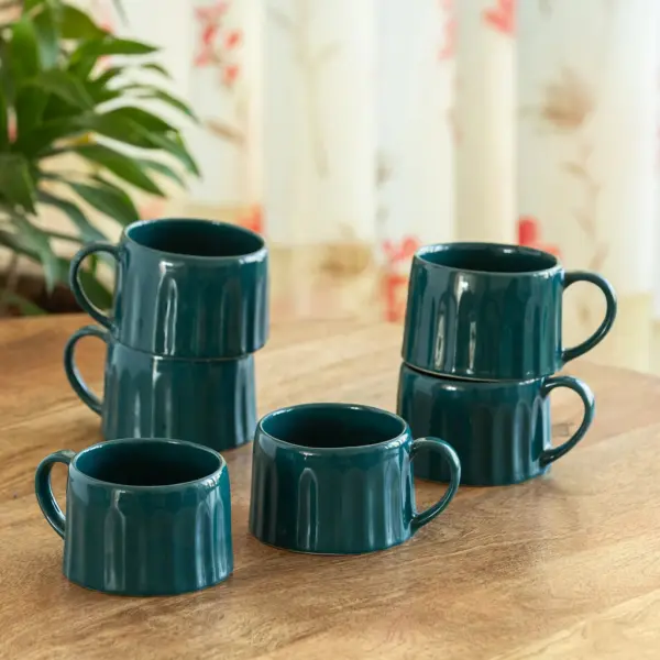ExclusiveLane 'Aqua' Ceramic Tea And Coffee Mugs (Set of 6, 250 ML, Microwave Safe, Hand-Embossed)