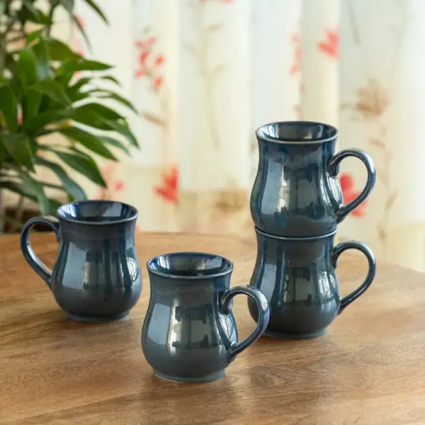 ExclusiveLane 'Belly Pot' Ceramic Tea And Coffee Mugs (Set of 4, 300 ML, Microwave Safe, Hand Galzed)