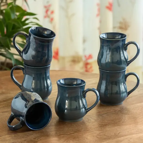 ExclusiveLane 'Belly Pot' Ceramic Tea And Coffee Mugs (Set of 6, 300 ML, Microwave Safe, Hand Galzed)