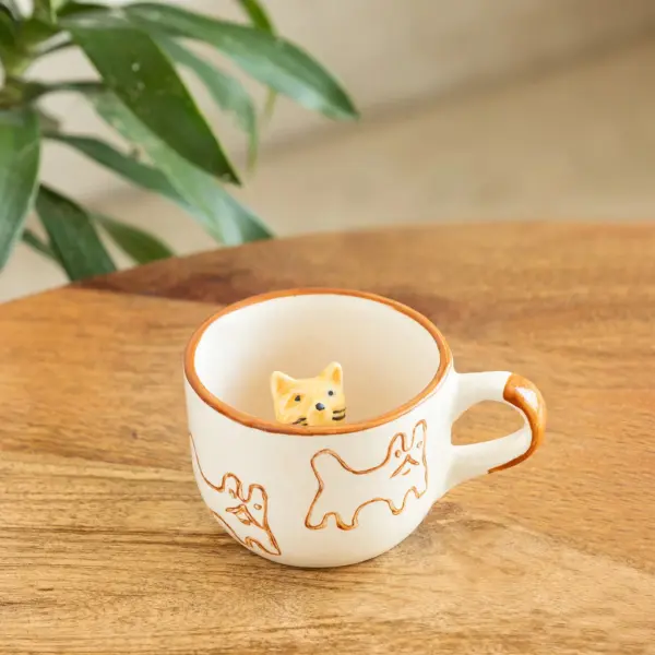 ExclusiveLane 'Cute Cat Suprise' Ceramic Tea And Coffee Mugs (240 ML, Microwave Safe, Hand-Embossed)