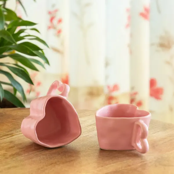 ExclusiveLane 'Heart Pink' Ceramic Tea And Coffee Mugs (Set of 2, 250 ML, Microwave Safe, Hand-Embossed)
