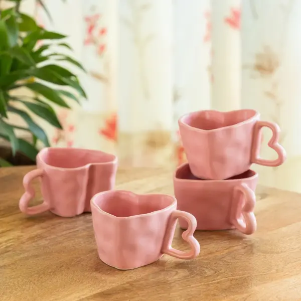 ExclusiveLane 'Heart Pink' Ceramic Tea And Coffee Mugs (Set of 4, 250 ML, Microwave Safe, Hand-Embossed)