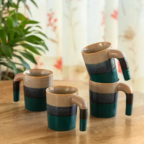 ExclusiveLane 'Hue & Handle' Ceramic Tea And Coffee Mugs (Set of 4, 300 ML, Microwave Safe, Hand Galzed) ExclusiveLane 'Hue & Handle' Ceramic Tea And Coffee Mugs (Set of 4, 300 ML, Microwave Safe, Hand Galzed)