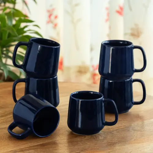 ExclusiveLane 'Mariana Blues' Ceramic Tea & Coffee Mugs (Set of 6, 340 ML, Microwave Safe, Hand Glazed) ExclusiveLane 'Mariana Blues' Ceramic Tea & Coffee Mugs (Set of 6, 340 ML, Microwave Safe, Hand Glazed)