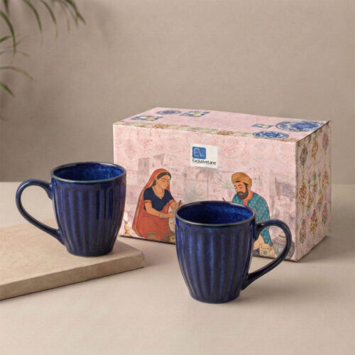 ExclusiveLane 'Midnight Ribbed' Ceramic Tea And Coffee Mugs (Set of 2, 260 ML, Microwave Safe, Hand-Embossed) ExclusiveLane 'Midnight Ribbed' Ceramic Tea And Coffee Mugs (Set of 2, 260 ML, Microwave Safe, Hand-Embossed)