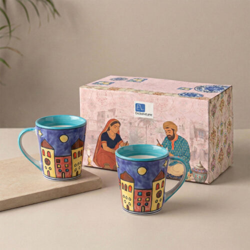 ExclusiveLane 'Night City' Ceramic Tea And Coffee Mugs (Set of 2, 350 ML, Microwave Safe, Hand-Painted) ExclusiveLane 'Night City' Ceramic Tea And Coffee Mugs (Set of 2, 350 ML, Microwave Safe, Hand-Painted)