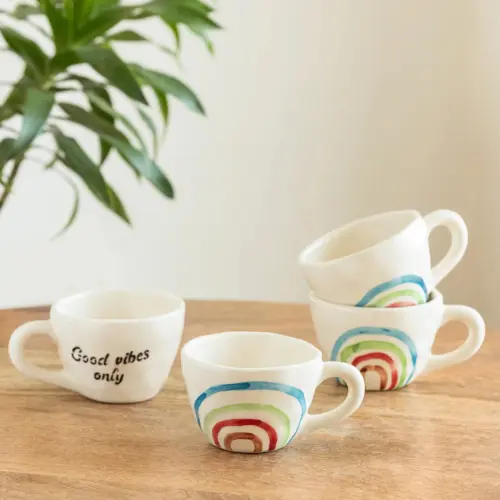 ExclusiveLane 'Rainbow Bright' Ceramic Tea And Coffee Mugs (Set of 4, 220 ML, Microwave Safe, Hand-Painted)