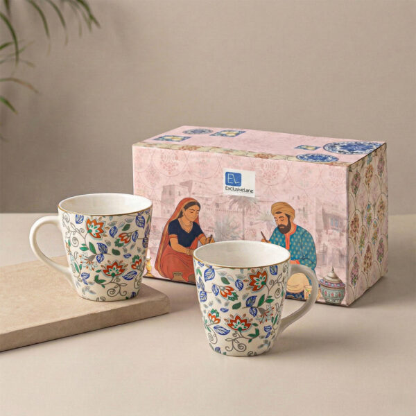 ExclusiveLane 'Spring Garden' Ceramic Tea & Coffee Mugs (Set Of 2, 330 ML, Microwave Safe, Handcrafted)