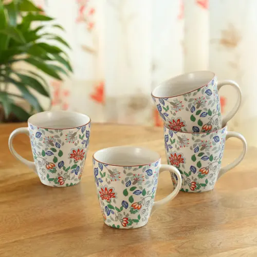 ExclusiveLane 'Spring Garden' Ceramic Tea & Coffee Mugs (Set Of 4, 330 ML, Microwave Safe, Handcrafted) ExclusiveLane 'Spring Garden' Ceramic Tea & Coffee Mugs (Set Of 4, 330 ML, Microwave Safe, Handcrafted)