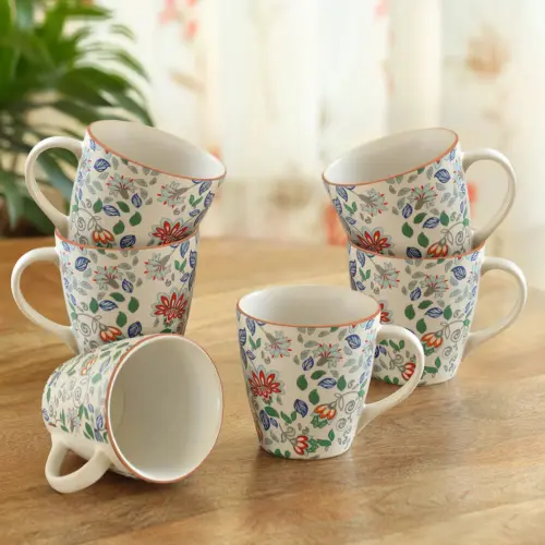 ExclusiveLane 'Spring Garden' Ceramic Tea & Coffee Mugs (Set Of 6, 330 ML, Microwave Safe, Handcrafted) ExclusiveLane 'Spring Garden' Ceramic Tea & Coffee Mugs (Set Of 6, 330 ML, Microwave Safe, Handcrafted)