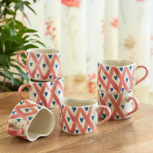 ExclusiveLane 'Sweetheart' Ceramic Tea And Coffee Mugs (Set of 6, 300 ML, Microwave Safe, Hand-Painted) ExclusiveLane 'Sweetheart' Ceramic Tea And Coffee Mugs (Set of 6, 300 ML, Microwave Safe, Hand-Painted)