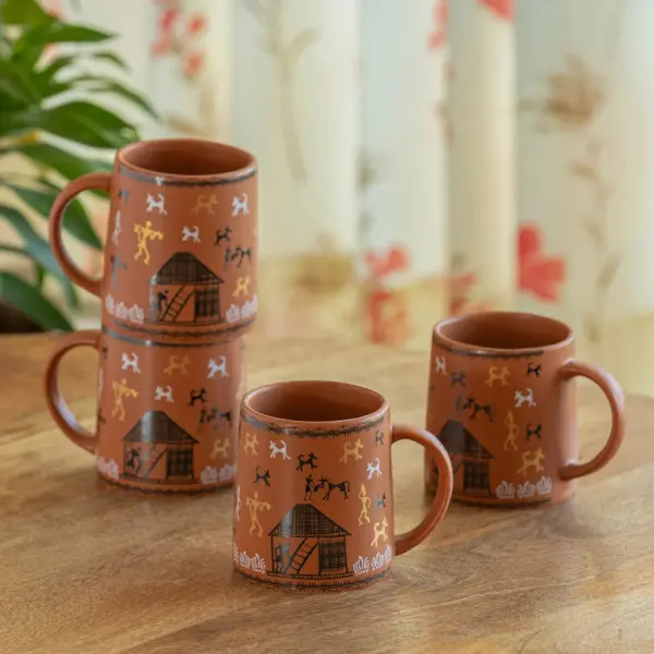 ExclusiveLane 'Warli Village Tales' Ceramic Tea & Coffee Mugs (Set of 4, 300 ML, Microwave Safe, Handcrafted)