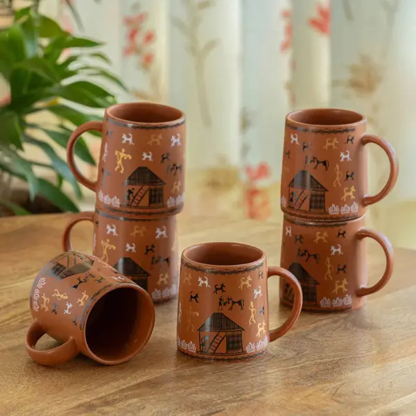 ExclusiveLane 'Warli Village Tales' Ceramic Tea & Coffee Mugs (Set of 6, 300 ML, Microwave Safe, Handcrafted)
