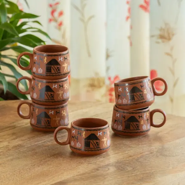 ExclusiveLane 'Warli Village Tales' Handcrafted Coffee & Tea Cups In Ceramic (Set of 6, Microwave Safe, 150 ML) ExclusiveLane 'Warli Village Tales' Handcrafted Coffee & Tea Cups In Ceramic (Set of 6, Microwave Safe, 150 ML)