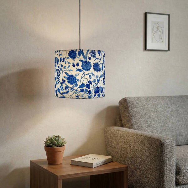 'Indigo Bloom' Cotton Cloth Hanging Pendant Lamp Shade (22.8 Cm, Without Bulb, Handcrafted)