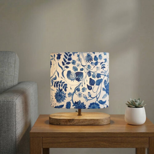 'Indigo Bloom' Decorative Table Lamp In Mango Wood(28 Cm, Without Bulb, Handcrafted)