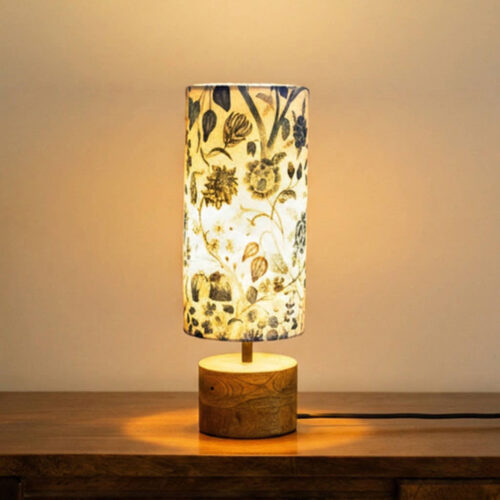 'Indigo Bloom' Decorative Table Lamp In Mango Wood (37.4 Cm, Without Bulb, Handcrafted)