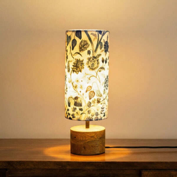 'Indigo Bloom' Decorative Table Lamp In Mango Wood (37.4 Cm, Without Bulb, Handcrafted)