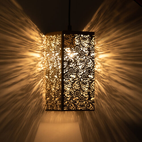 'Monochrome Lights' Hand-Etched Cuboidal Hanging Pendant Lamp In Iron (27.9 cm) 'Monochrome Lights' Hand-Etched Cuboidal Hanging Pendant Lamp In Iron (27.9 cm)