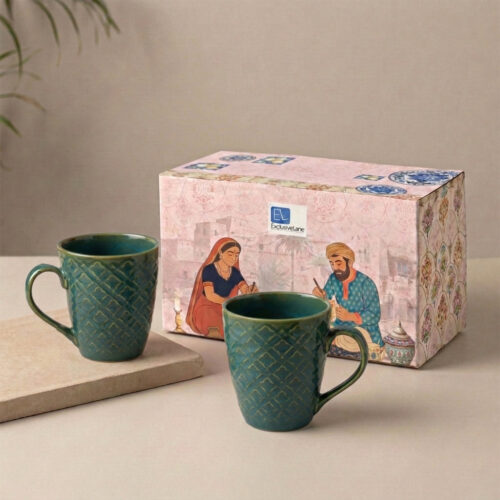 'Moroccan Turqouise' Hand Glazed & Embossed Coffee Mugs In Ceramic (Set Of 2, 300 ML, Microwave Safe)