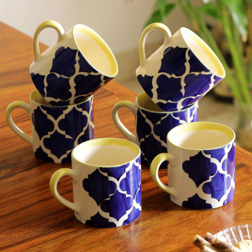 'Ocean Caffeine Hangouts' Handpainted Tea & Coffee Cups In Ceramic (Set Of 6) 'Ocean Caffeine Hangouts' Handpainted Tea & Coffee Cups In Ceramic (Set Of 6)