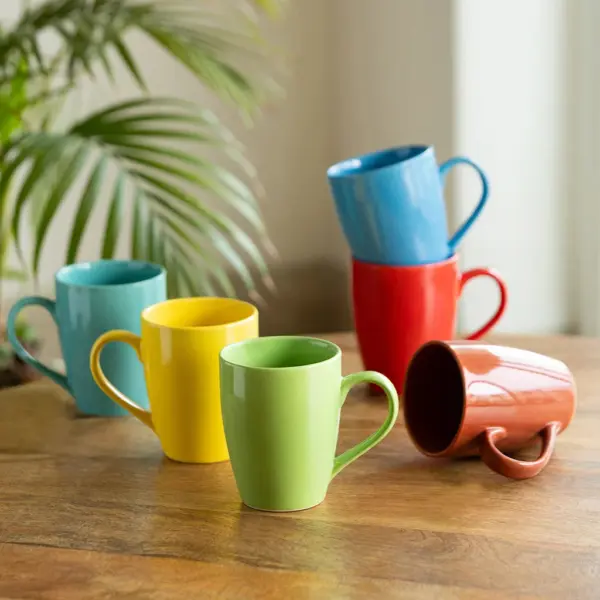 'Rainbow' Handcrafted Ceramic Tea & Coffee Mugs (Set Of 6, 320 ML, Microwave Safe)