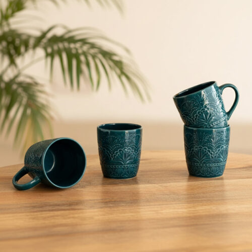 'Teal Forest' Hand Glazed Ceramic Tea & Coffee Mugs (Set of 4, 180 ml, Hand-Etched, Microwave Safe)