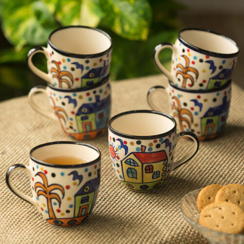 'The Hut Morning Companions' Hand-Painted Ceramic Tea & Coffee Cups (Set Of 6) 'The Hut Morning Companions' Hand-Painted Ceramic Tea & Coffee Cups (Set Of 6)