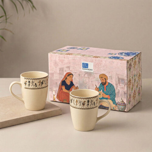 'Whispers of Warli' Handcrafted Ceramic Tea & Coffee Mugs (Set of 2, 300 ML, Microwave Safe)