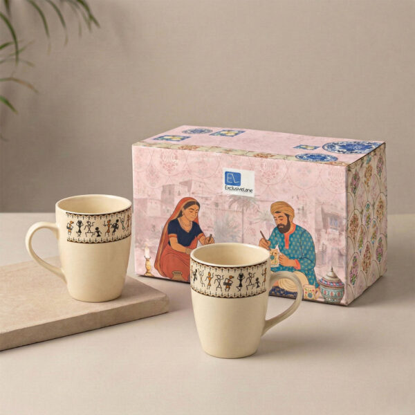 'Whispers of Warli' Handcrafted Ceramic Tea & Coffee Mugs (Set of 2, 300 ML, Microwave Safe) 'Whispers of Warli' Handcrafted Ceramic Tea & Coffee Mugs (Set of 2, 300 ML, Microwave Safe)