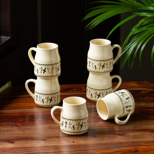'Whispers of Warli' Handcrafted Ceramic Tea Cups (Set of 6, 140 ML, Microwave Safe) 'Whispers of Warli' Handcrafted Ceramic Tea Cups (Set of 6, 140 ML, Microwave Safe)