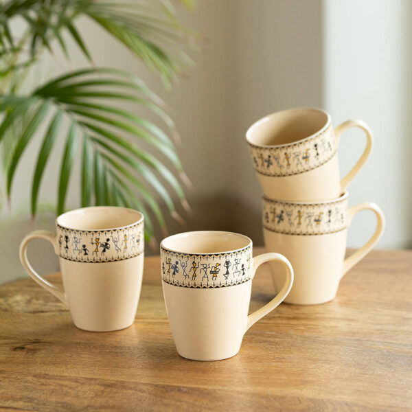 Whispers of Warli Handcrafted Printed Ceramic Tea Cups Coffee Mugs (Set Of 4, 300 ML Each) Whispers of Warli Handcrafted Printed Ceramic Tea Cups Coffee Mugs (Set Of 4, 300 ML Each)
