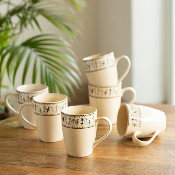 Whispers of Warli Handcrafted Printed Ceramic Tea Cups Coffee Mugs (Set Of 6, 300 ML Each) Whispers of Warli Handcrafted Printed Ceramic Tea Cups Coffee Mugs (Set Of 6, 300 ML Each)