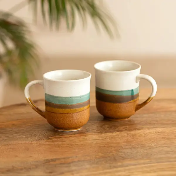'Zen Garden' Hand Glazed Ceramic Tea & Coffee Mugs (Set of 2, 330 ml, Microwave Safe)